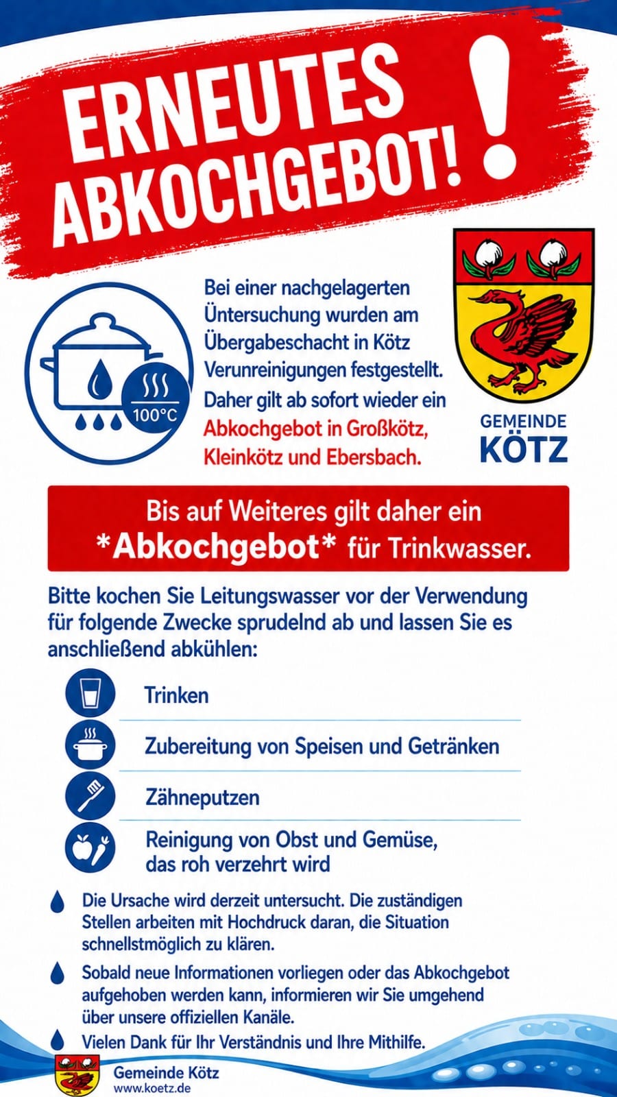 Abkochgebot in der Gemeinde Kötz